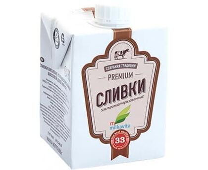 Сливки животные  т.м. «Милкавита» м.д.ж. 33%, 0,5л с крышкой