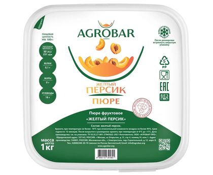 Пюре персик желтый без сахара 1кг*6, AGROBAR, Россия